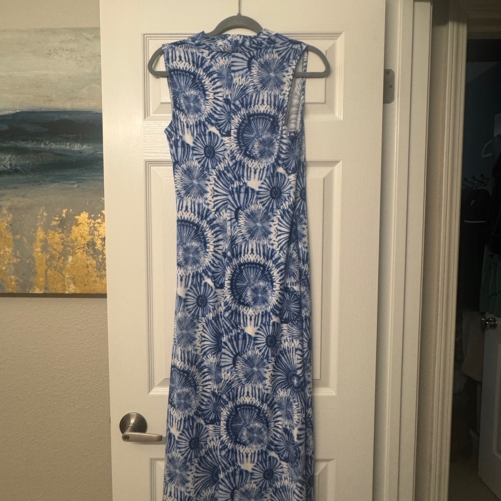 Tommy Bahama Indigo and White Tie Dye Sunburst Pattern Faux Wrap Dress Coastal - Picture 4 of 6